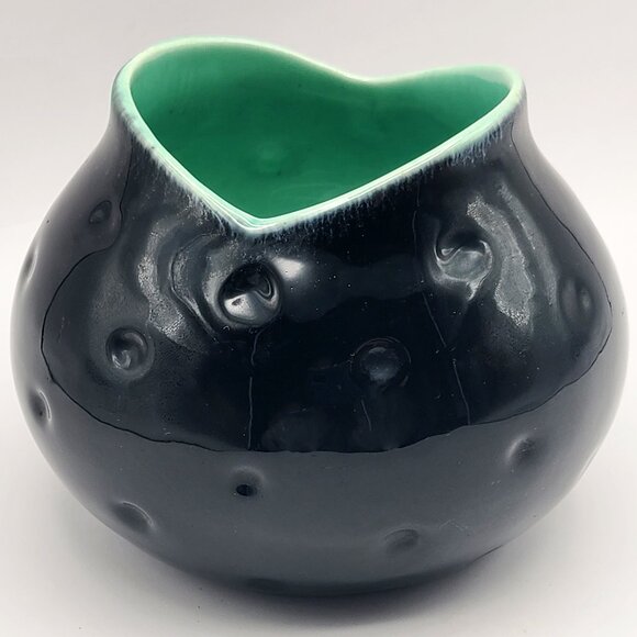 Royal Haeger Vintage MCM 1960s Black Green High Gloss Frog Mouth Dimpled Vase - Picture 1 of 10